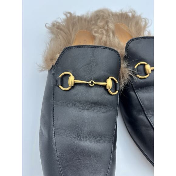 Gucci Princetown Horsebit Accent Black Leather Mules Fur Lined Size 9 39 Loafers - Picture 16 of 16